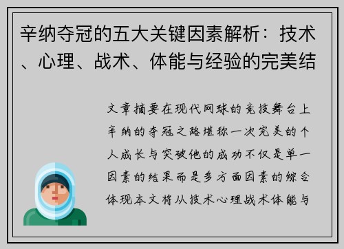 辛纳夺冠的五大关键因素解析：技术、心理、战术、体能与经验的完美结合