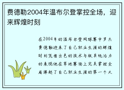 费德勒2004年温布尔登掌控全场，迎来辉煌时刻