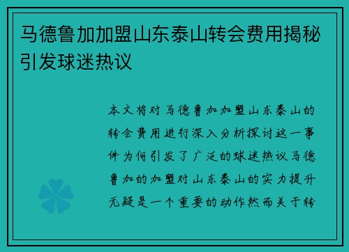 马德鲁加加盟山东泰山转会费用揭秘引发球迷热议